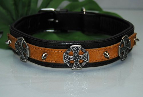 Lederhalsband Keltenkreuz mit Kuhfell 60cm x 4cm